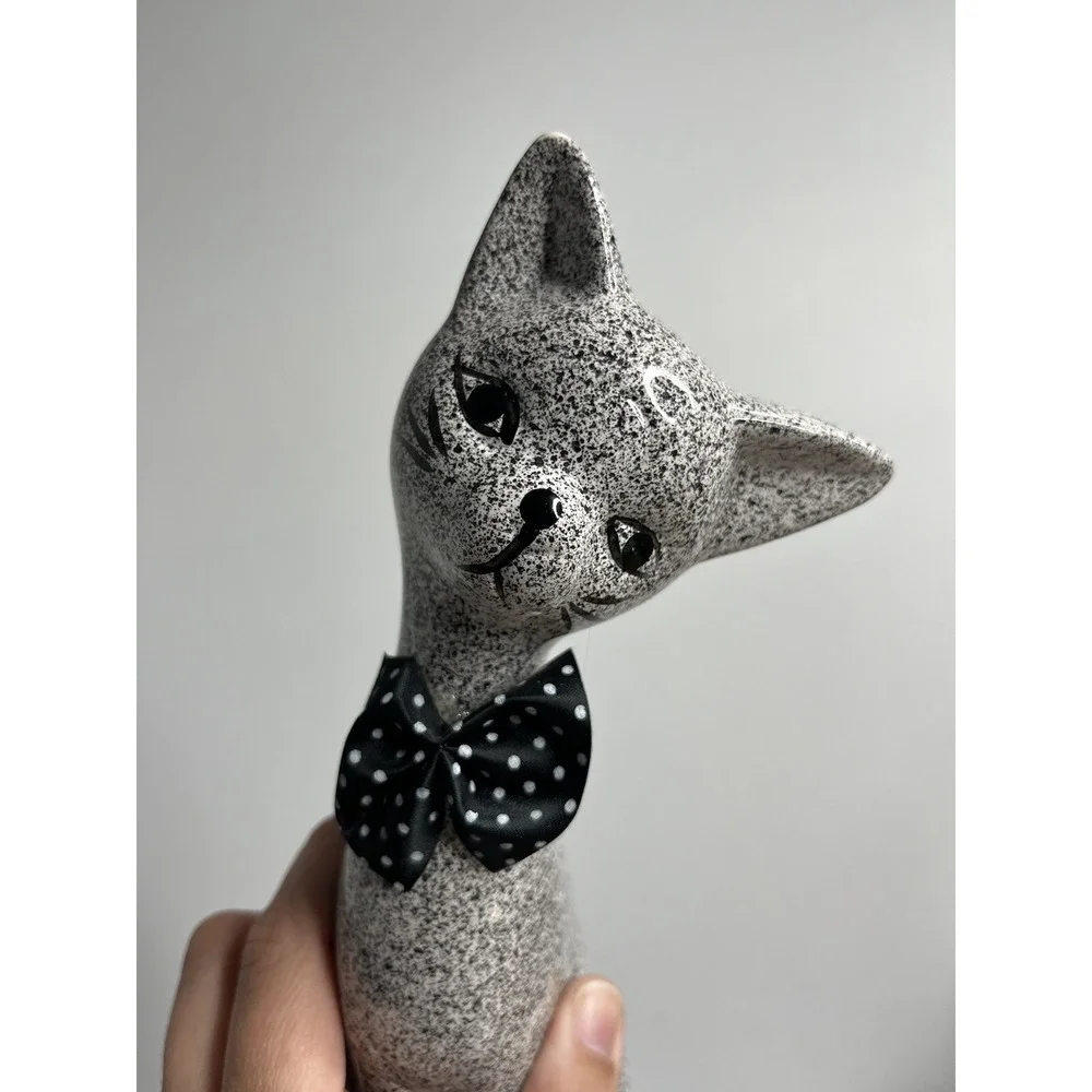 Vtg Pair Of Ceramic Speckled Siamese Cat W/ Bows‎ Statue Figure Set Of 2